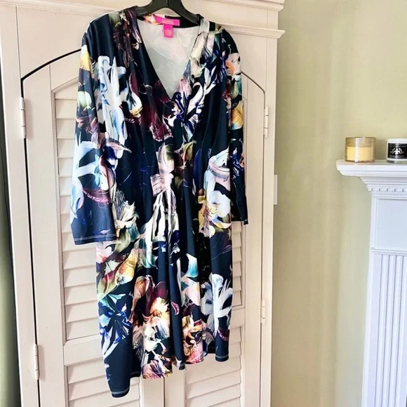 Women’s Size Large Catherine Malandrino Dark Floral Pleated Midi Dress - Picture 9 of 12